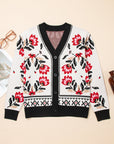 Floral Knit Button-Front V-Neck Cardigan