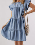 Zoey Ruffle Short Sleeve Tiered A-line Denim Dress