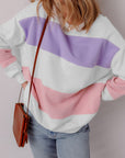 Beige Colorblock Patchwork Drop Shoulder Crewneck Sweatshirt