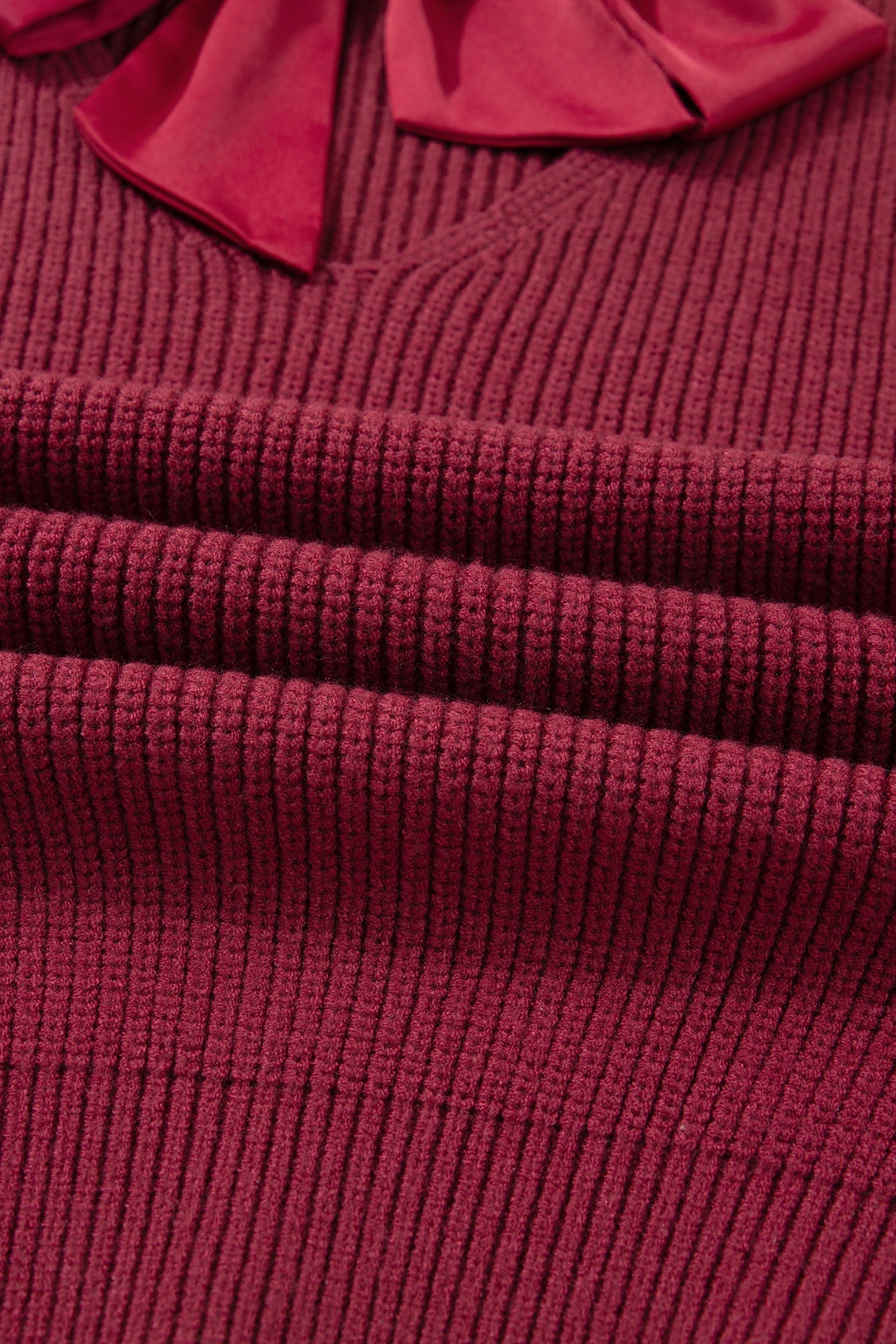 Ribbon Knot Backless Drop Shoulder Ribbed Sweater