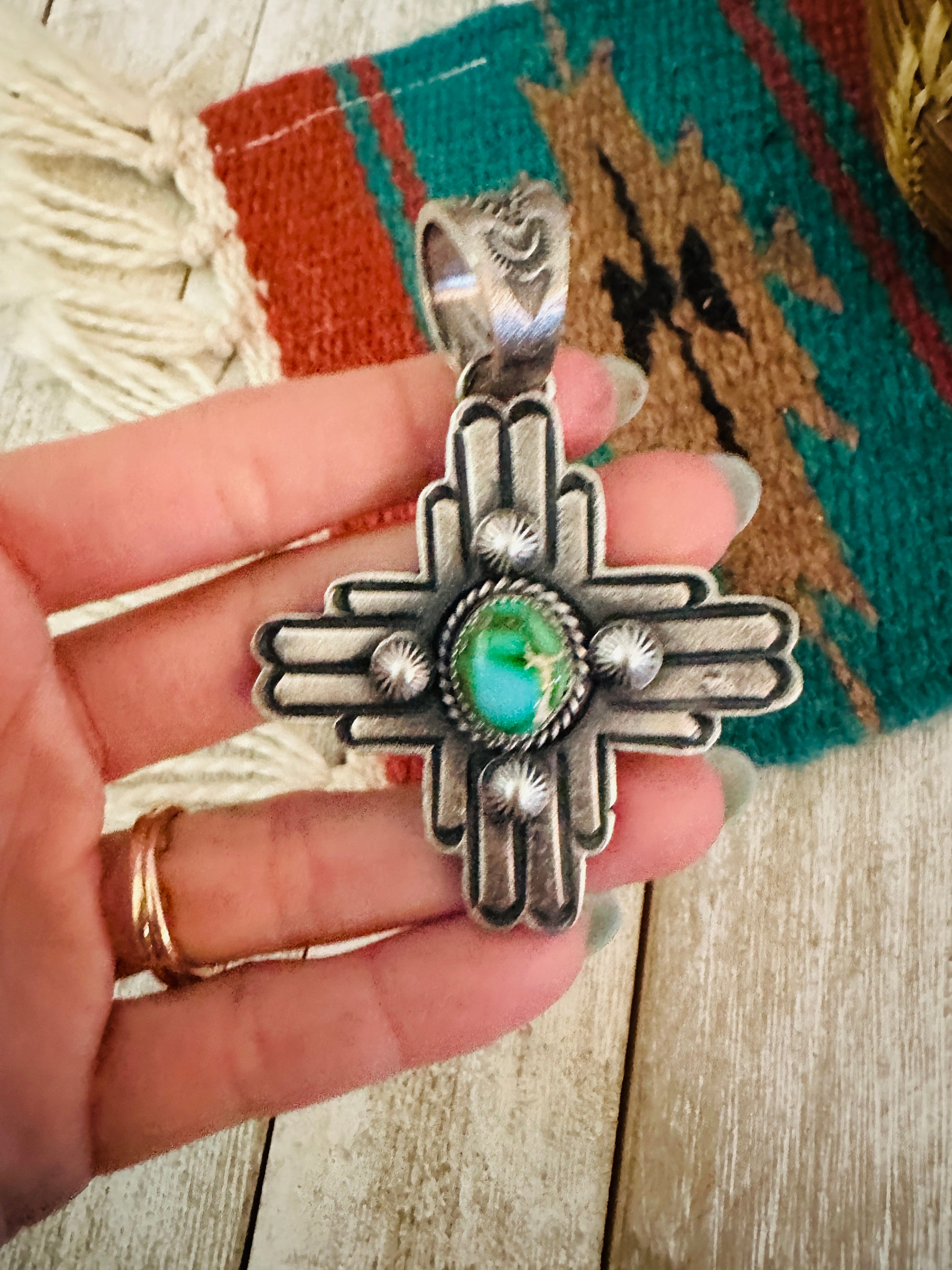 Navajo Sterling Silver & Sonoran Gold Turquoise Cross Pendant by Kevin Billah