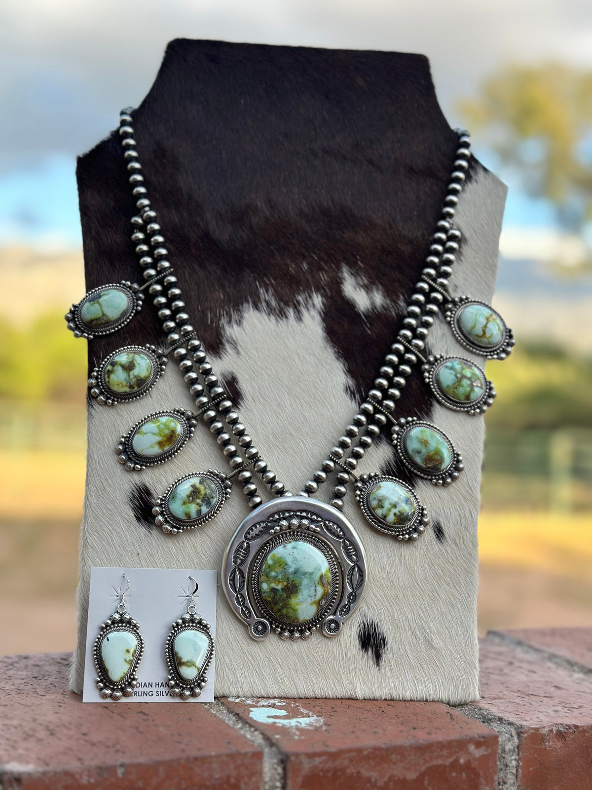 Navajo Sterling Silver Palomino Turquoise Squash Blossom Jewelry Set