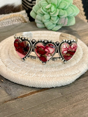 Handmade Sterling Silver & Dahlia Rose Heart Cuff Bracelet