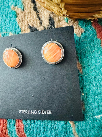 Navajo Sterling Silver & Orange Spiny Stud Earrings