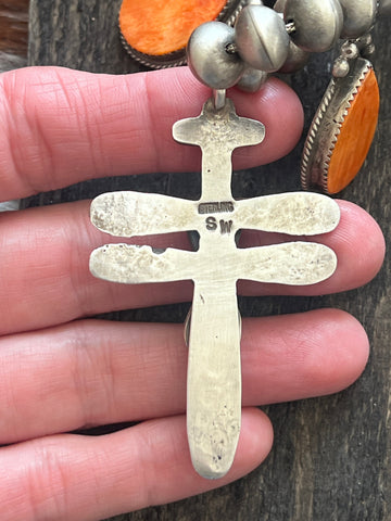 Navajo Sterling Silver And Orange Spiny Oyster Shell Dragonfly Bead Necklace by Selena Warner