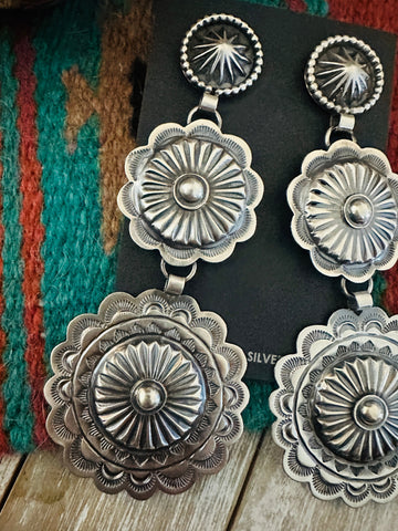 Navajo Hand Stamped Sterling Silver Concho Dangle Earrings by Hemerson Brown