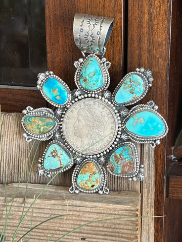 Apache Sterling Silver, Morgan Dollar and Natural Royston and Pilot Mountain Turquoise Pendant by Rosella Paxson