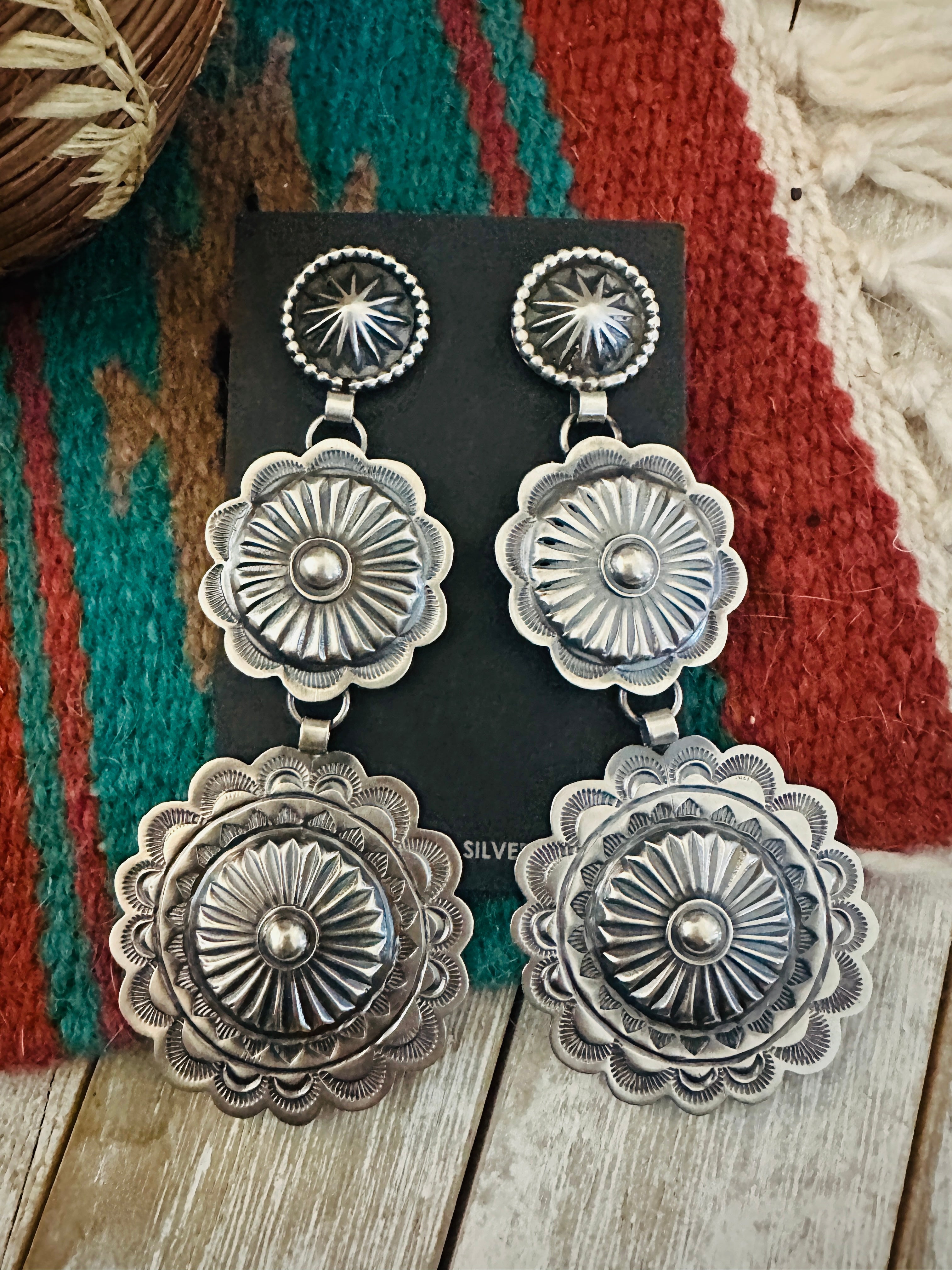 Navajo Hand Stamped Sterling Silver Concho Dangle Earrings by Hemerson Brown