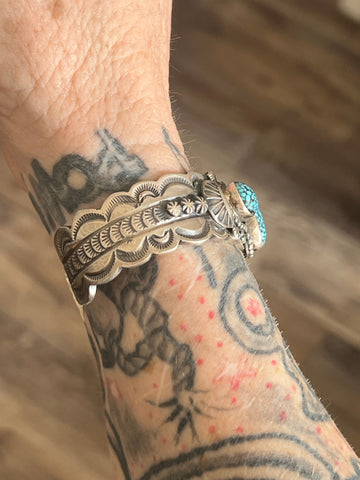 Navajo Sterling Silver and Spiderweb Kingman Turquoise Cuff Bracelet by Gilbert Tom
