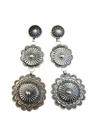 Navajo Hand Stamped Sterling Silver Concho Dangle Earrings by Hemerson Brown