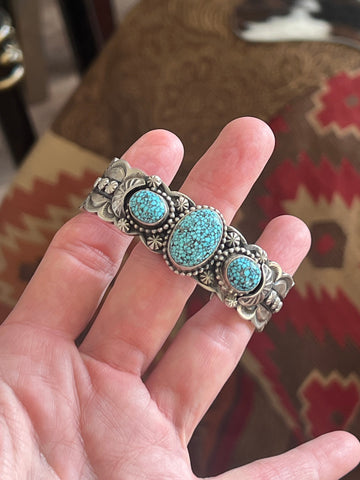 Navajo Sterling Silver and Spiderweb Kingman Turquoise Cuff Bracelet by Gilbert Tom