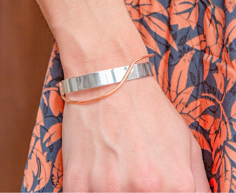 Sterling Silver Cuff Bracelet with Copper Ribbon