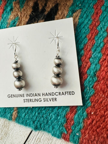 Navajo Graduated Sterling Silver Pearl Beaded Dangle Earrings