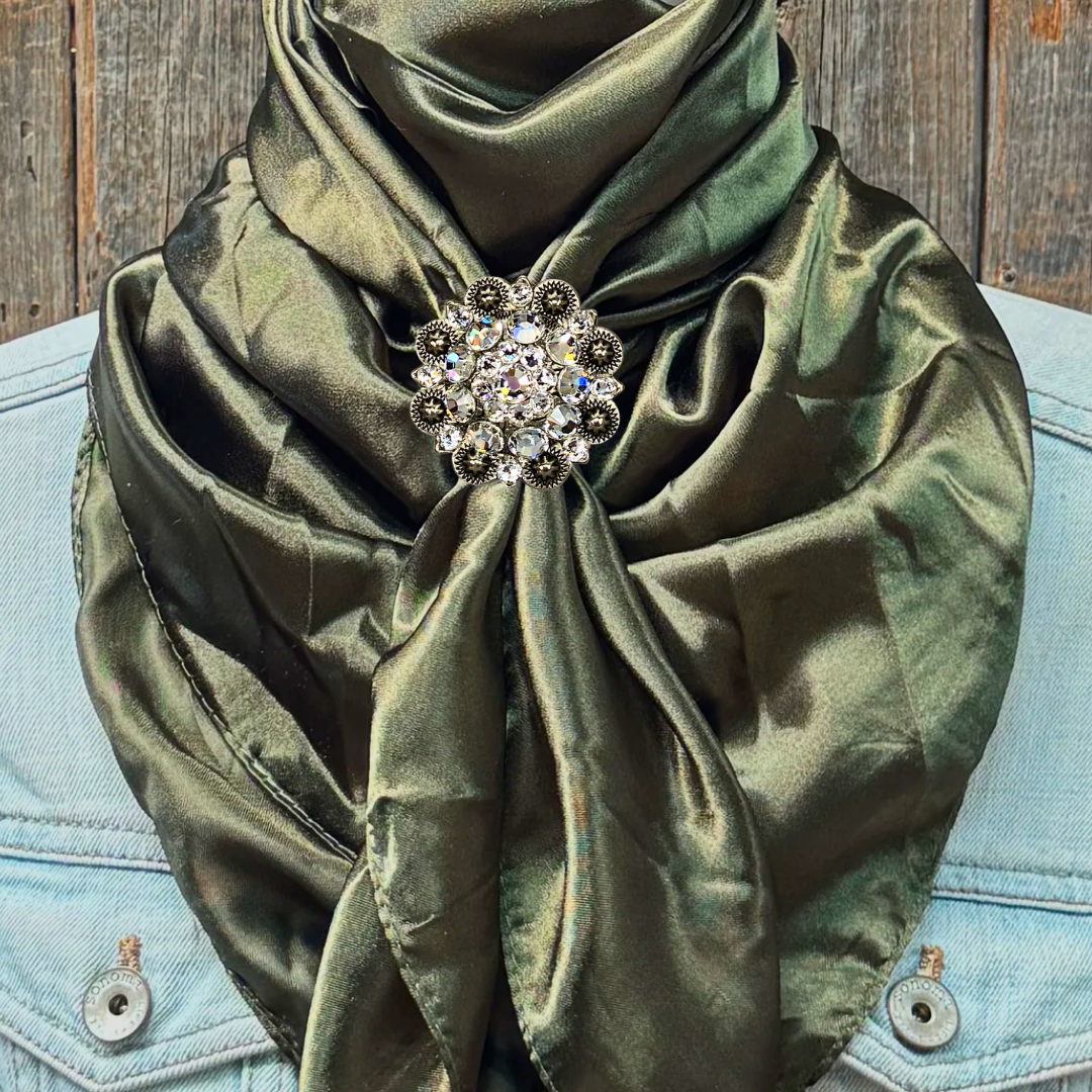 35X35&quot; Solid Olive Wild Rag / Scarf WRS28 - Crystal Concho Wild Rag Slides - Assorted