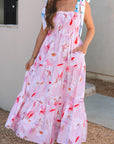 Floral Knotted Shoulder Smocked Maxi Dress