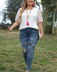 Kinslee Contrast Floral Puff Sleeve Ribbed Knit Plus Size Blouse
