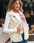 Checker Sherpa Snap Button Vest Jacket With Pockets