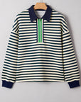 Stripe Contrast Trim Collared Zip Long Sleeve Top