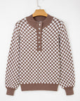 Checker Ribbed Trim Half-Button Sweater