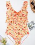 Floral Ruffle Trim Keyhole One-Piece Swimsuit