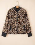 Leopard Zip-Up Stand Neck Side Pocket Jacket