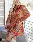 Floral Half-Button Long Sleeve Ruffle Mini Dress