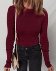 Solid Metallic Ribbed Knit Long Sleeve Top