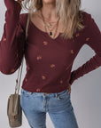 Floral Ribbed Notched Neck Long Sleeve Top