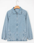 Denim Collared Zip-Up Elastic Edge Pocketed Jacket