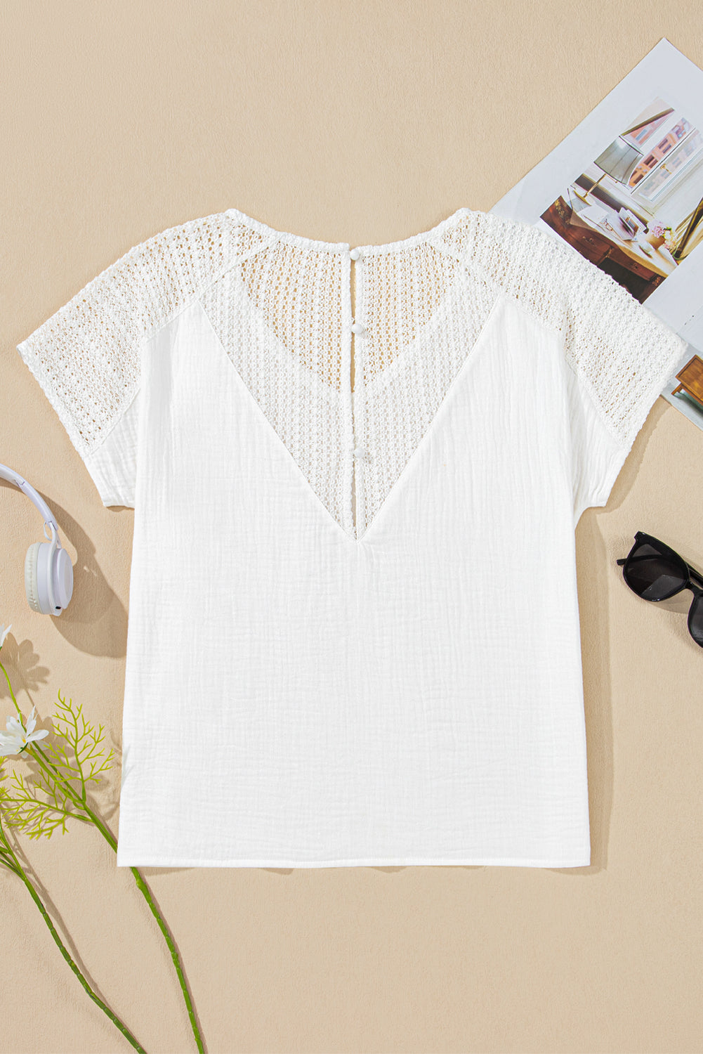 Novah Lace Crochet Textured Button Back Top