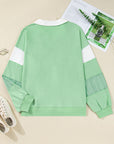 Moonlight Jade Color Block Striped Patchwork Collar V Neck Plus Size Sweatshirt