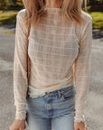 Sheer Plaid Mesh Lettuce Trim Long Sleeve Top