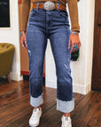Jacy Cuffs Distressed Straight High Waist Jeans