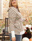 Brown Stripe Quarter Buttons Drop Sleeve Plus Size Hoodie