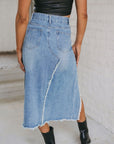 Cheyenne Frayed Slit Asymmetric Denim Midi Skirt