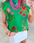 Floral Flutter Sleeve Frilled Neck Blouse
