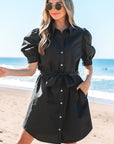 Malaya Button Up Tie Waist Puff Sleeve Mini Dress