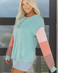Colorblock Corded Knit Long Sleeve Henley Top