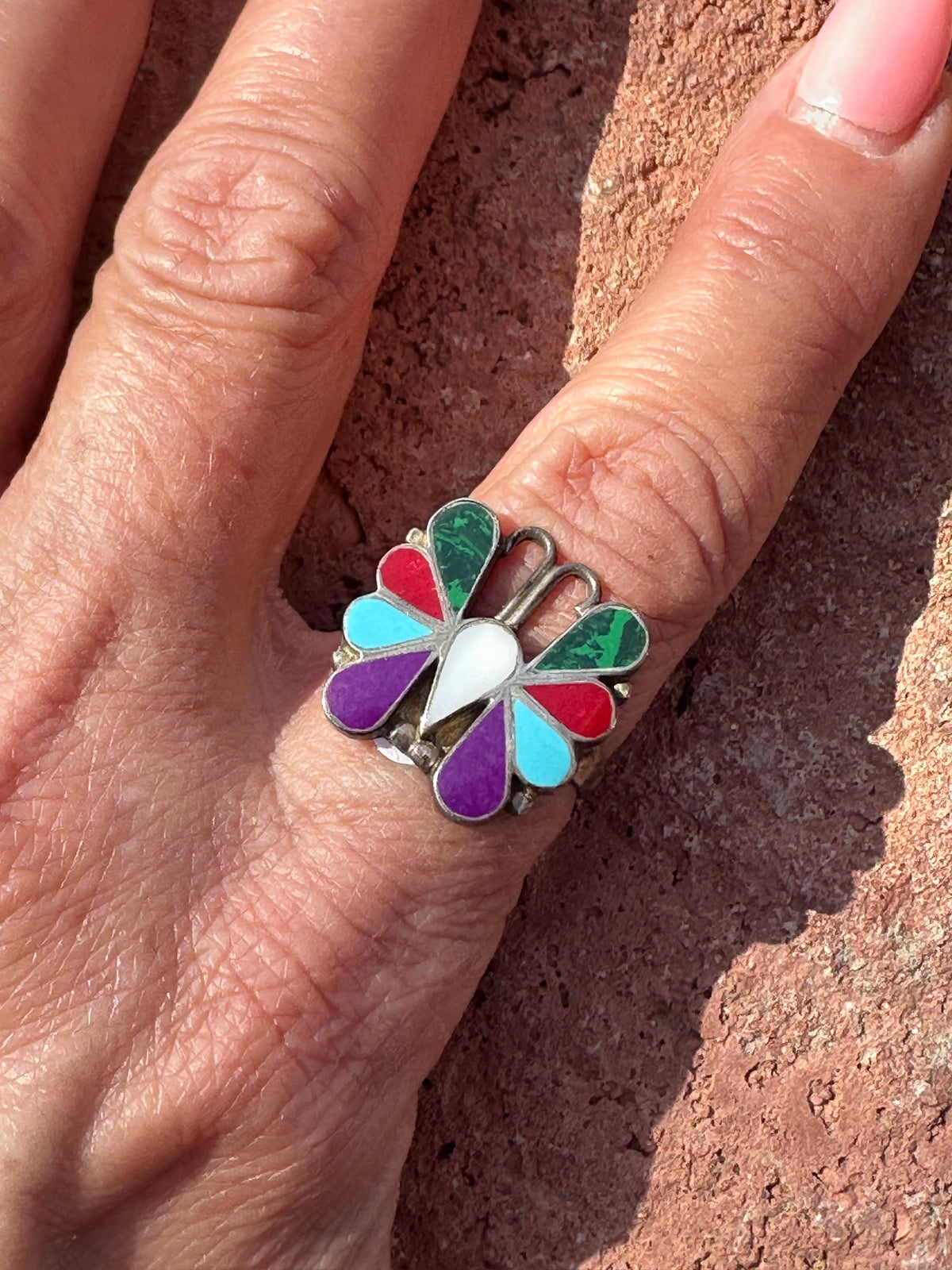 Vintage Zuni Sterling Silver & Multi Stone Inlay Butterfly Ring Size 8