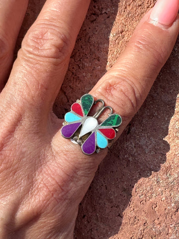 Vintage Zuni Sterling Silver & Multi Stone Inlay Butterfly Ring Size 8