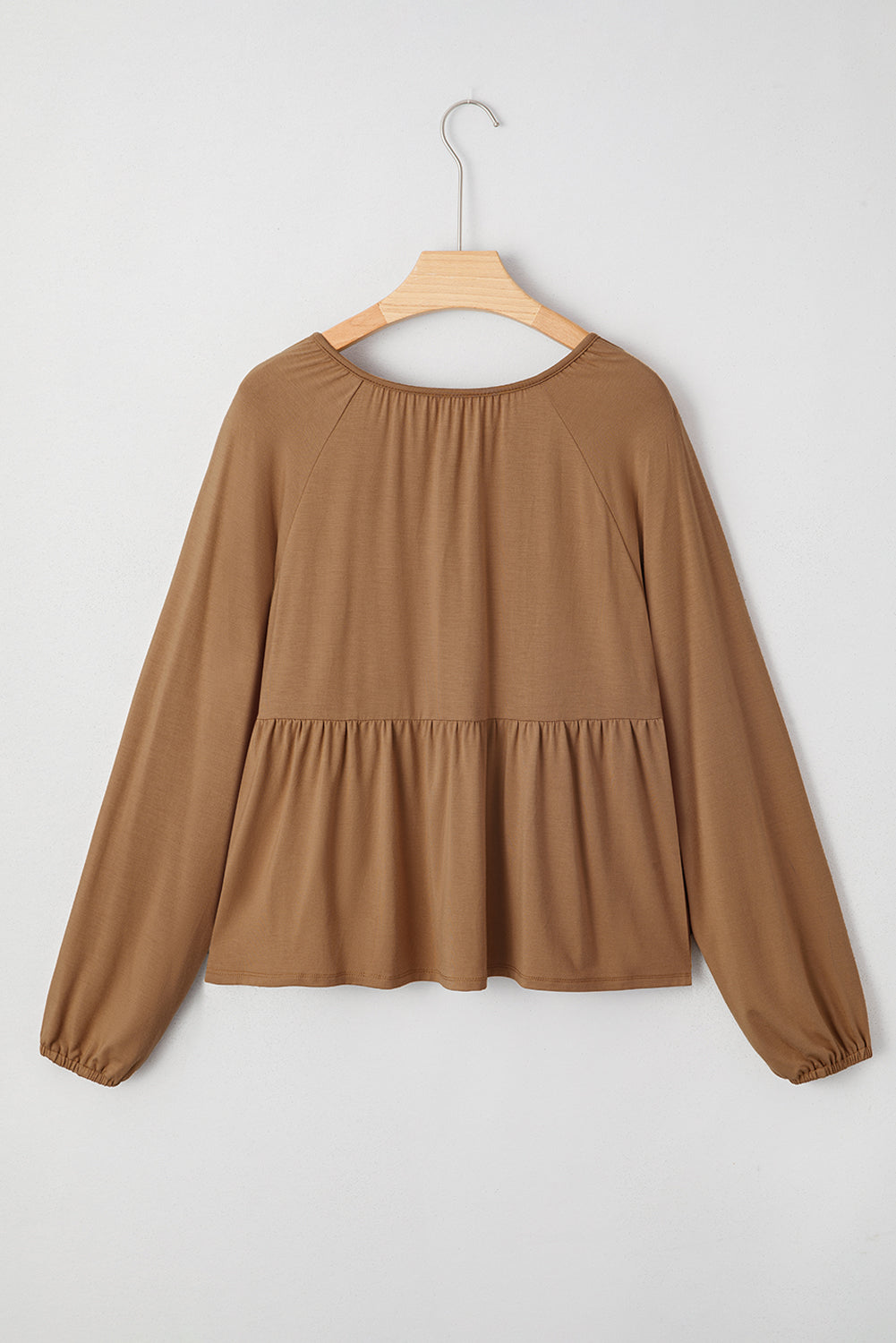 Solid Smocked Split V-Neck Buttoned Blouse