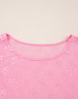 Pink Plus Size Bow Embroidered Mesh Long Sleeve Top