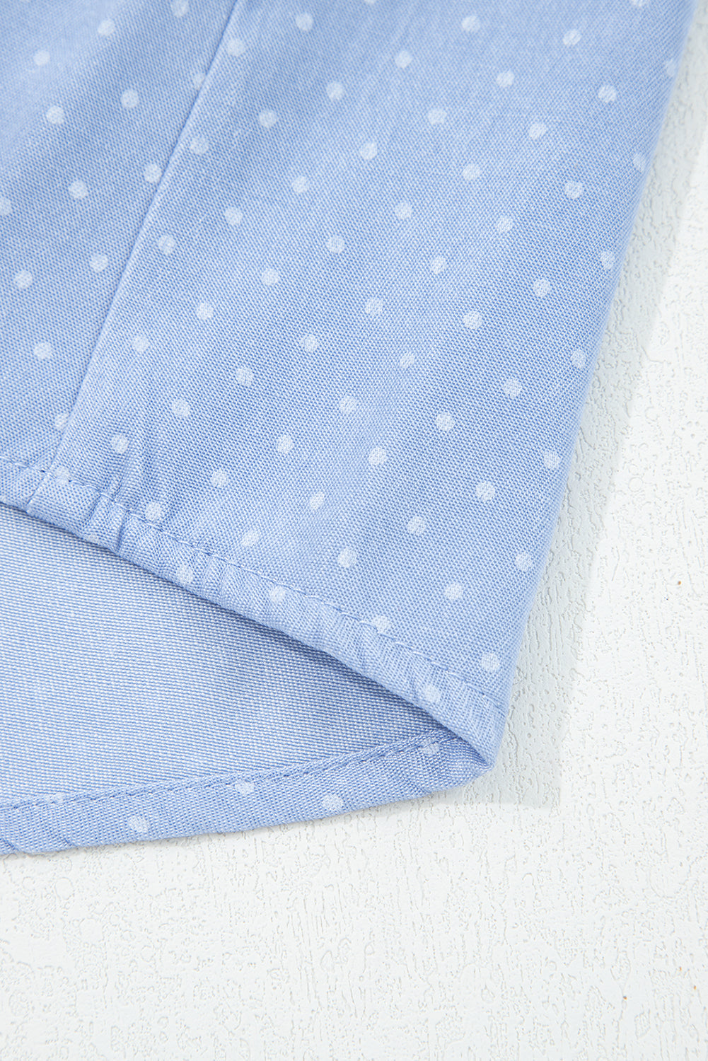 Dotted Denim Lace Trim Collared V-Neck Blouse