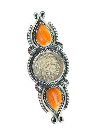 Apache Sterling Silver, Spiny Oyster and Indian Head Nickel Ring by Rosella Paxson