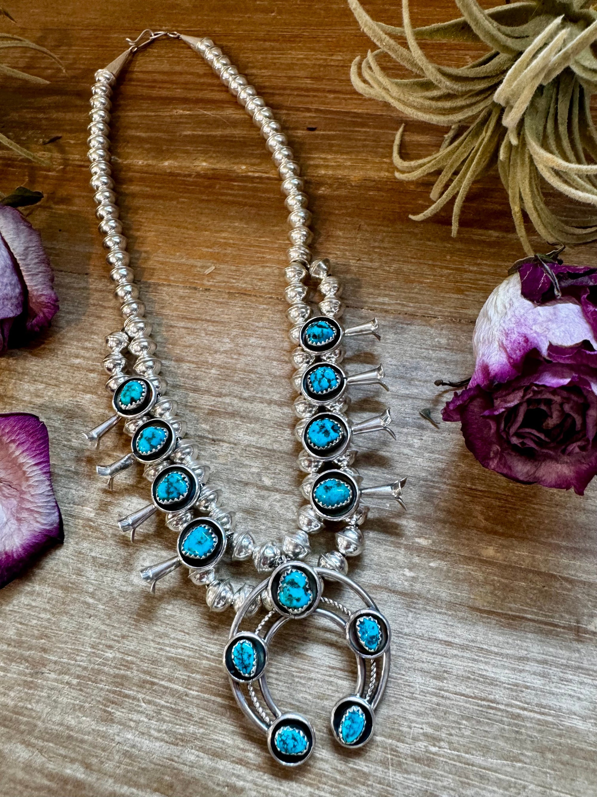 Mini Squash Blossom Necklace &amp; Earrings – Kingman Turquoise – Sterling Silver – Native Made by Lonora Garcia – 17.5&quot;