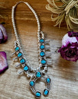 Mini Squash Blossom Necklace & Earrings – Kingman Turquoise – Sterling Silver – Native Made by Lonora Garcia – 17.5"