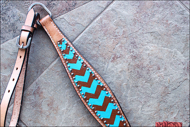 HILASON Western Horse Genuine Leather Headstall &amp; Breast Collar Set Turquoise &amp; Brown Zigzag