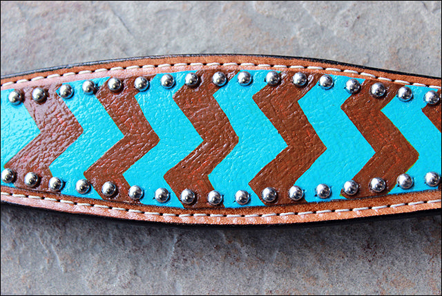 HILASON Western Horse Genuine Leather Headstall &amp; Breast Collar Set Turquoise &amp; Brown Zigzag