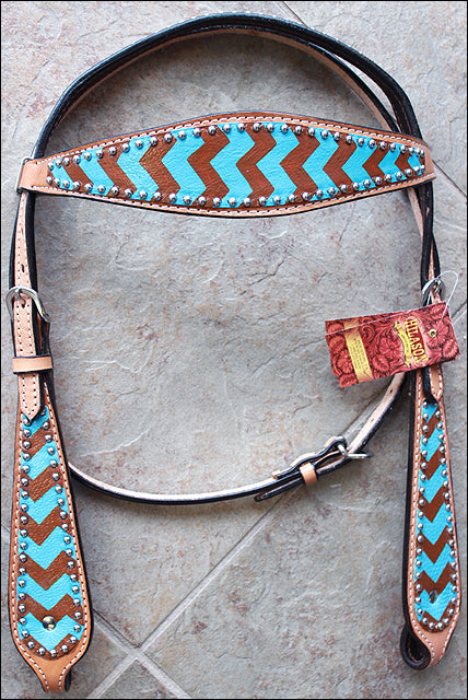 HILASON Western Horse Genuine Leather Headstall &amp; Breast Collar Set Turquoise &amp; Brown Zigzag