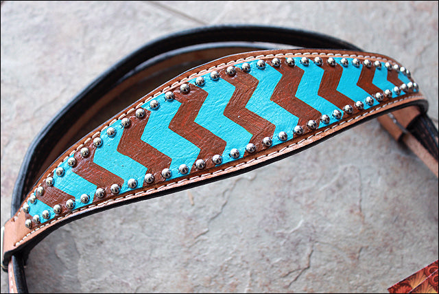 HILASON Western Horse Genuine Leather Headstall &amp; Breast Collar Set Turquoise &amp; Brown Zigzag